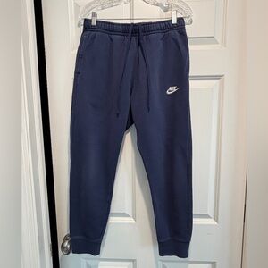 Nike Men's Navy Blue Fleece Joggers with White Swoosh